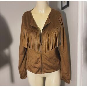 Me Jane Size Medium Brown Faux Suede Western Style Long Sleeve Fringed Jacket
